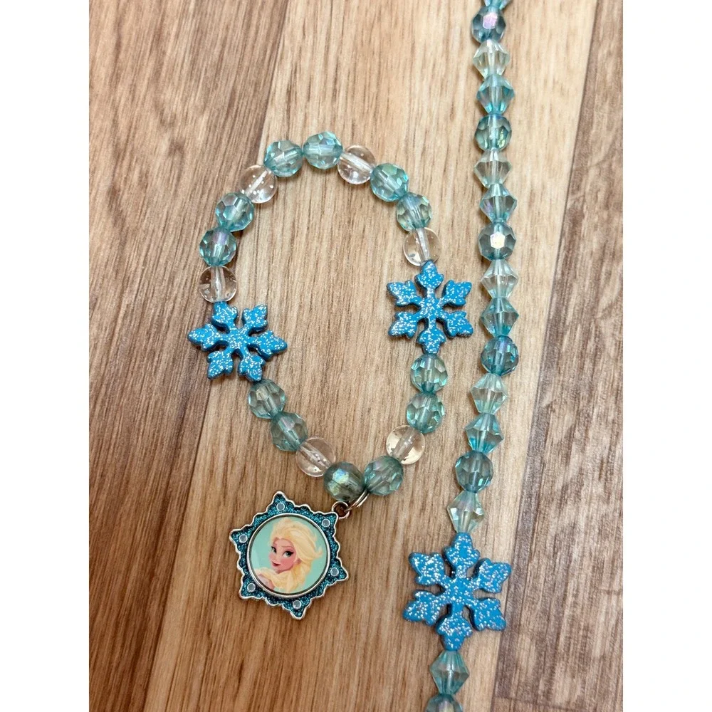 Disney Frozen Elsa Jewelry Set Necklace Bracelet Clip On Earrings Blue Snowflake